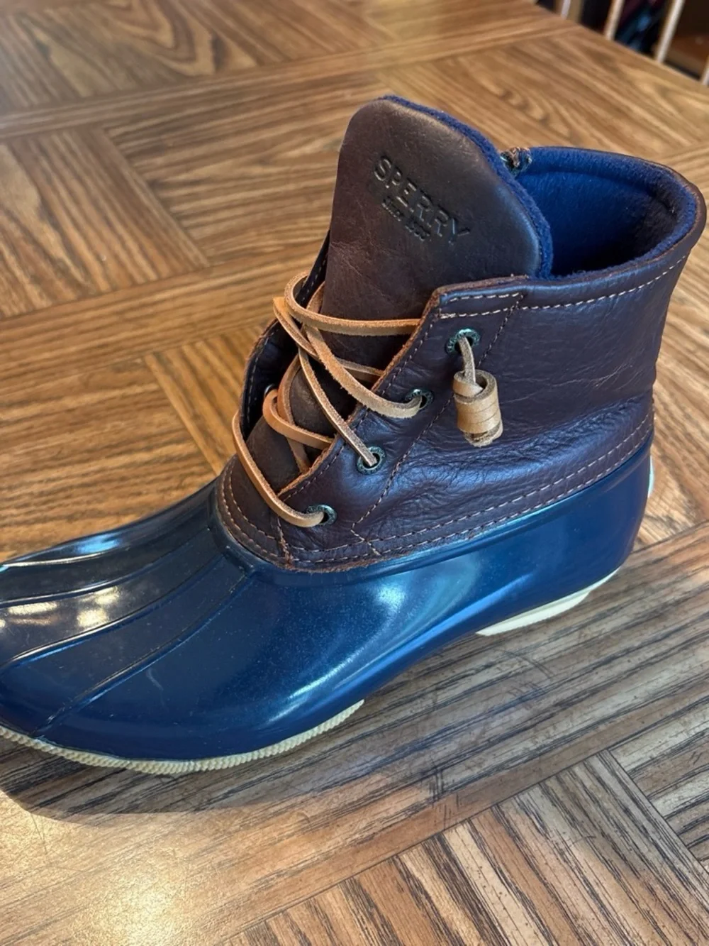 Sperry Navy Rubber & Brown Leather Kids Rain Boots